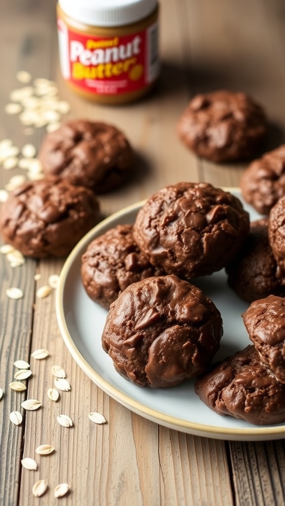 A plate of no-bake oatmeal cookies with chocolate and peanut butter, surrounded by oats and a jar of peanut butter.